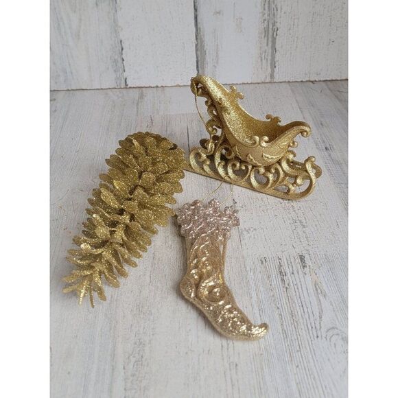 Glitter golden pinecone stocking sleigh ornament Xmas set - Picture 8 of 9